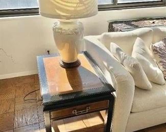 $225 - Century one drawer inlay burl wood top side table with brass pull. Wear consistent with use and age. 22"H x 20"W x 27"D