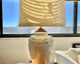 $495 - Pair of Wildwood ceramic lamps with metal embellishment and wood base.  Linen look drum shade. Tested and working. (Rocky Mountain, N.C.) 31.5"H x 16"D