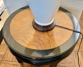 $225 - Quality inlay burl round wood top side table. Wear consistent with use and age.  22.5"H x 25"D 