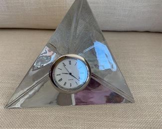 $24 - Quartz clock in glass pyramid. 5”H x 5”W x 5”D
