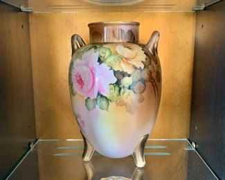 $40 - Hand painted Nippon footed vase with handles. 9.5”H x 5.5”D