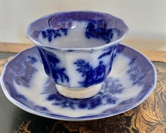 $20 - Blue flow cup and saucer; as is;  (small chips on bottom of cup) 3.5”H