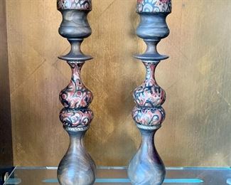 $50 - Painted wood decorative candlesticks.  Signed. Aviva Jerusalem. 9.5"H