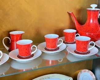 $50 - Block Flamenco Bidasoa Demitasse tea set (teapot, creamer, sugar bowl and six cups and saucers). Teapot: 7.5"H x 8.5"W; creamer: 3.25"H; sugar bowl: 3"H; cup: 2.25"H 