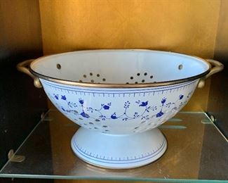 $15 - Blue and white enamel metal colander.  5"H x 9.5"D