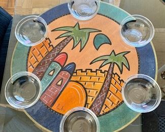 $50 - Hand painted/signed Kakadu condiment lazy susan. Signed.  15"D 