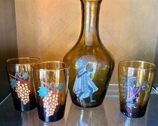 $50 - Daphni wine Festival 1970 Greece carafe with three glasses.  Carafe: 7.5"H x 3.5"D; glass: 3"H