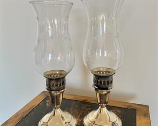 $50 - Pair of Towle hurricane candleholders with sterling base. 11"H x 3.5"W