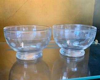 $12 - Pair of etched small crystal bowls (Pi symbol on bottom). 2.5"H x 3.5"D
