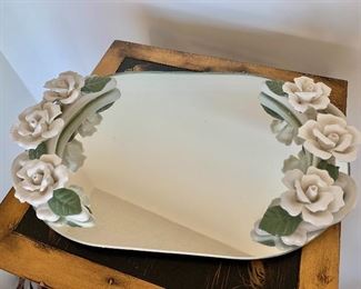 $35 - Studio Silversmiths perfume tray with mirror bottom and ceramic flowers. 2.5"H x 13.5"W x 8.5"W
