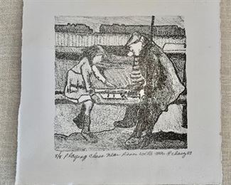 $75 Laura Chassy '03 (Maryland, contemporary) "Playing Chess Near River with Man" (Block Print - 8/8) 12"H x 11"W #2