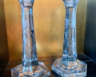 $50 - Pair of etched candlesticks.  9"H x 5"W x 5"D