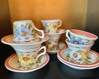 $60 - Set of 6 demitasse cups and saucers (one saucer has hairline crack). Cup: 2"H; saucer: 4.5"D