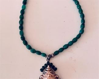 $90;  Carved elephant pendant on jade and silver necklace; 22” beaded necklace and 4”pendant; clasp marked 935