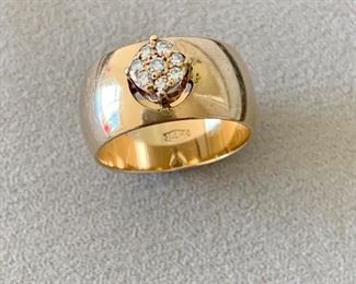 $500 - 14K gold wide band with diamond cluster; size 5.5