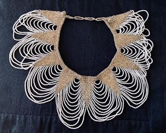 $60- Vintage silver and white beaded collar necklace; 16.5 inches