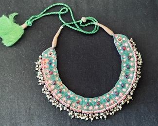 $100 - Vintage enamel collar necklace with seed pearl baubles; approx 16”