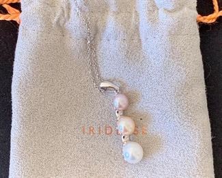 $240 - Tiffany Iridesse sterling silver necklace with triple pearl pendant; 18” chain, pendant approx 3”