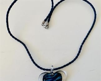 $20 - 24” woven leather necklace with artglass heart