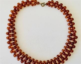 $30 - Vintage woven amber bead collar necklace; 15” 