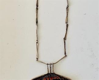 $285 - Silver necklace with large enameled pendant; 20” chain, pendant 4” Long x 3” W
