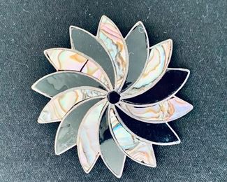 $30 - Sterling silver inlaid swirl brooch; stamped MEXICO, DF, 925 ; 2.5 inches diameter