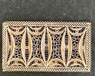 $15 - Silver 900/1000 filigree rectangular pin; made in Palestine; 2.5” L X 1” H; 