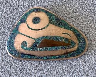 $25 - Silver inlaid signed pin; stamped Sterling, Taxco APB on reverese