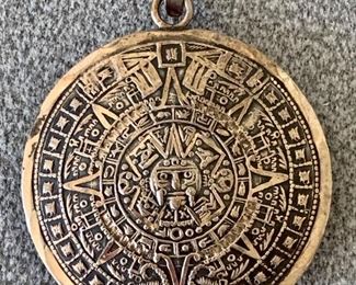 $30 - Sterling Silver Aztec Calendar Pendant; approx 2” diameter