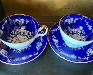 $50 - Pair of Aynsley hand painted cobalt blue & white teacups and saucers