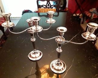 Antique pair of weighted silver plate candlestick/candelabras.  10 pieces in total.  See next picture