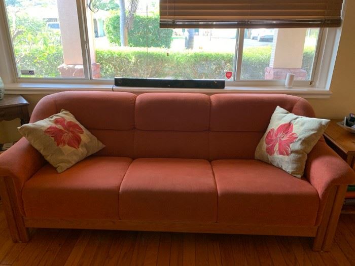 Couch / Sofa - Orange Microfiber and Solid Teak 