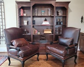 3-part bookshelf 88 x 78 x 17, leather chairs: 46 x 31 x 30
