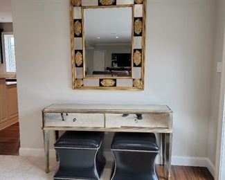 mirror: 48 x 38", mirrored table: 32 x 62 x 17, 2 black footstools: 20 x 21 x 21
