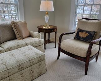 armchair (2 available) 39 x 33 x 31, sofa: 34 x 74 x 36, ottoman: 17 x 41 x 21