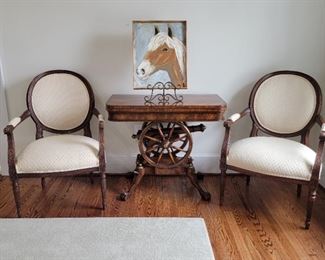 chairs: 39 x 26 x 24, table: 31 x 36 x 18, horse painting: 21 x 17, rug: 22' x 12'