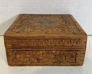 carved wood box with vintage dominos