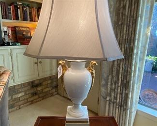 Stunning white porcelain lamp with gold leaf handles