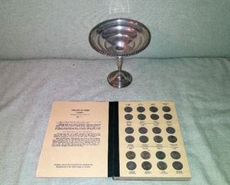 Library Of Coins Jefferson Nickels book complete with 84 coins, Sterling candy dish