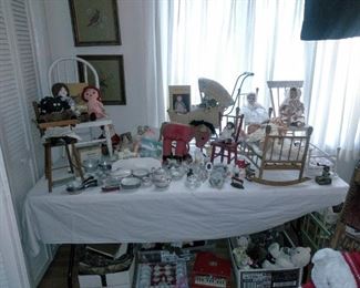 Dolls, doll furniture and doll dishes etc..