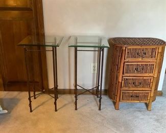 2 glass top accent tables and a rattan 4 drawer accent table