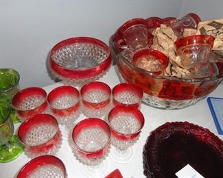 Mid-Century Red Cut Glass Punch Bowl and Glasses