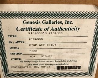 PICAASSO'S PICASSO  FINE ART PRINT                                               
GENESIS GALLAIRES, INC.                33" X 22.5"
NUMBERED PRINT 2697/5000                                           
T
