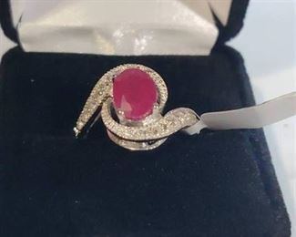 White Gold Rhodium over Sterling Silver Ruby and Topaz Designer Ring Size