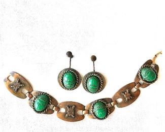 $30 Scarab bracelet, earrings have been altered and do not "work" AS IS.  Bracelet: 7.5"L.  Earrings: 1.5"L; 1"W