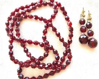 $25 Red glass earrings and necklace set.  Necklace: 33"L.  Earrings: 2"L