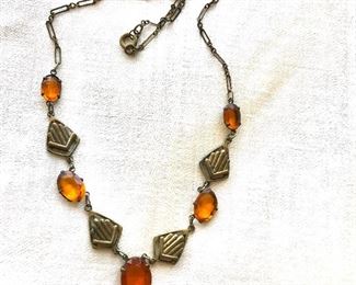 $35  Vintage Art Deco dainty necklace yellow glass stones.  16"L