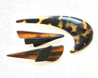 $22 Each Art Deco style faux tortoise shell pins.  Large: 4.5"L; 2"W.  Medium: 3"L; 1"W.  Small:  2.5"L; 1"W