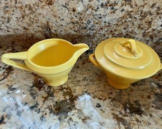 $40 - Art deco creamer and sugar - creamer 6"W with handle and 3"H; sugar 4.5"H x 5.5"W with handles
