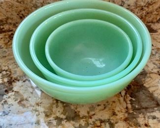 $85 - Set of 3 jadeite Fire King oven ware - largest bowl 7.25"D